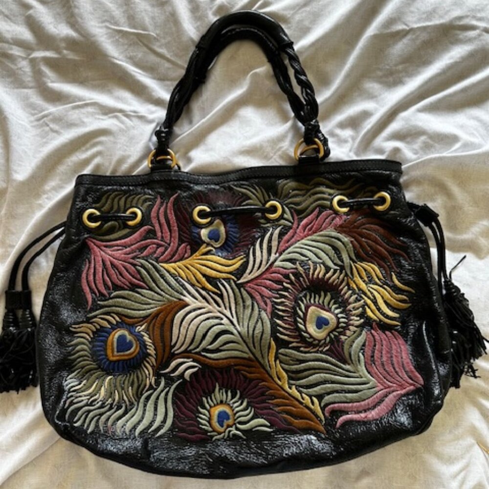 Isabella Fiore Peacock Embroidery Patent Leather Handbag